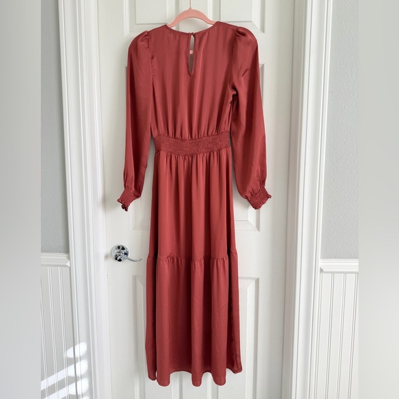 Express Satin Texture Tiered Rust Puff Long Sleeve Smock Waist Maxi Dress | XS - Picture 14 of 16